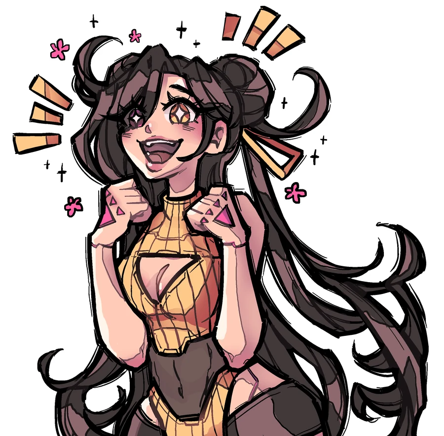Nezuyaki illustration: cheering with fists raised, long dark twin-tail hair, orange and black outfit, surrounded by sparkles and pink flowers.